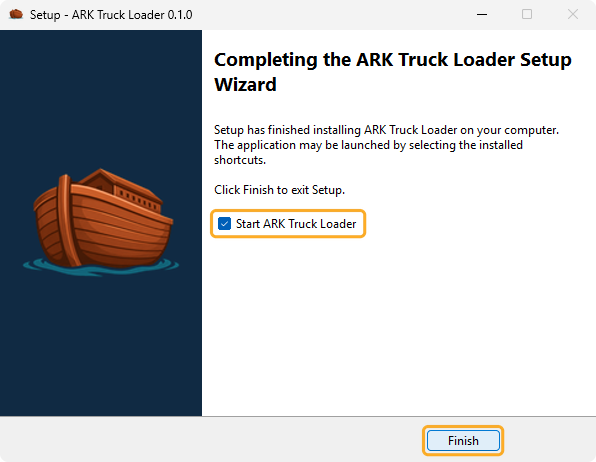 The installer's last screen, Completing the ARK Truck Loader Setup Wizard, with Start ARK Truck Loader ticked and the Finish button marked.